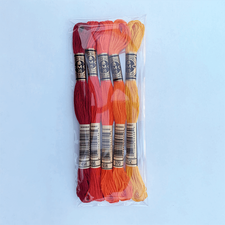 DMC broderigarn - 5 orange/røde nuancer