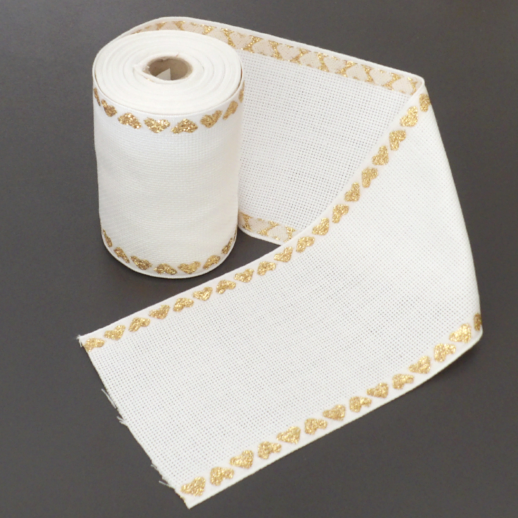 Broderistof | Aida 5,4 | Broderibånd | 12 cm | hvid med guldhjerter